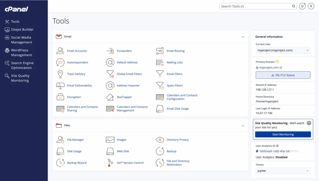 cPanel dasboard