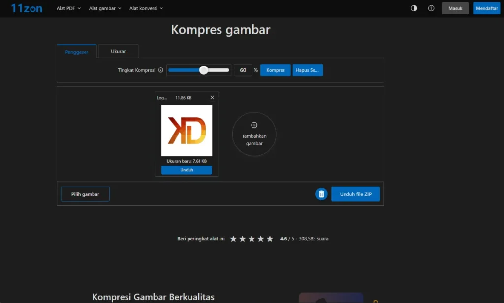 Tampilan kompresi image di 11zon